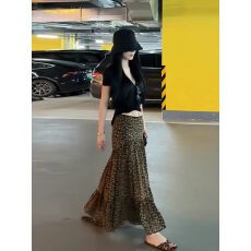 批发法式复古开叉豹纹半身裙女2026夏季新款甜酷辣妹风低腰包臀中长裙