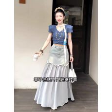 批发今年流行<b class='q'>夏</b>季新款设计感V领针织衫上衣+牛仔拼接半身裙时髦两件套