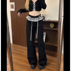 批发【，西装腰头】<b class='q'>蕾丝</b>拼接小众设计感休闲裤女春季高级感长裤
