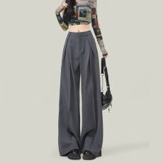 批发灰色褶皱西装裤女2026<b class='q'>春</b>秋季垂感窄版直筒高腰显瘦阔腿裤休闲裤