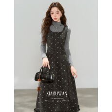 批发法式复古波点背带<b class='q'>连衣裙</b>套装女秋冬新款收腰显瘦木耳边<b class='q'>长裙</b>