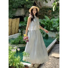 批发浅蓝色重工蕾丝刺绣无袖马甲半身裙套装两件套女夏季法式温柔甜美