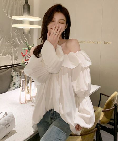 화이트 프랑스식 오프숄더 순수한 욕망 오프숄더 맨위 프릴 루즈핏 슬림해 보이는 긴팔 셔츠