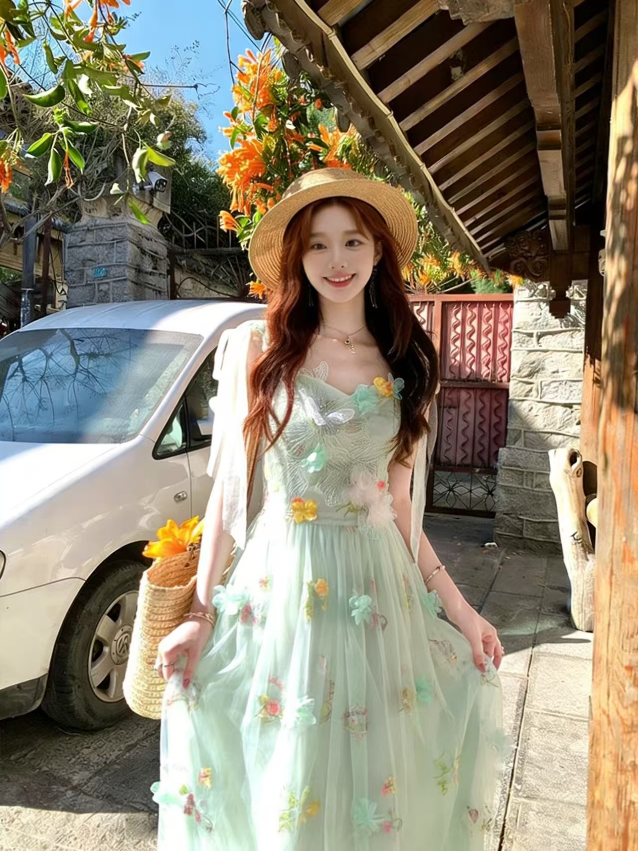 녹색 V넥 허리 수축 롱 코트 꽃 망사 슬립 여성 드레스 여름 프랑스식 레트로 한 마디 치마