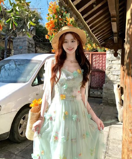 녹색 V넥 허리 수축 롱 코트 꽃 망사 슬립 여성 드레스 여름 프랑스식 레트로 한 마디 치마