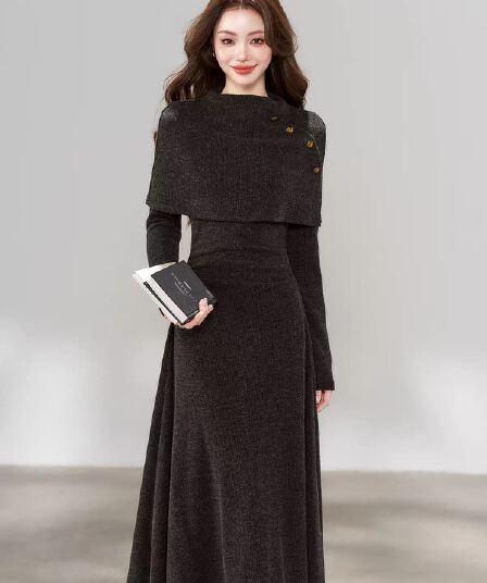 한 부서 chic Chic 긴팔 니트 여성 드레스 가을 2026 새로운 페이크 레이어드 패치워크 롱 스커트