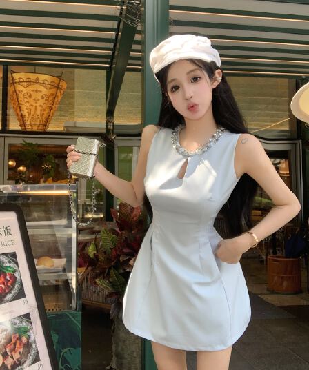 실사 민소매 프랑스식 여성 드레스 2025 여름 고급 센스 조끼 스커트 A라인 스커트 천 골드 치마