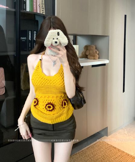 실사 재고 상품 꽃 홀로우 아웃 양모 조끼 오리지널 행침 목 스트랩 나무 구슬 장식 니트 슬립