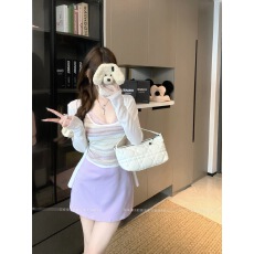 批发实拍现货 晕染<b class='q'>假两件</b>条纹吊带上衣女夏缎面短裙防晒针织开衫套装