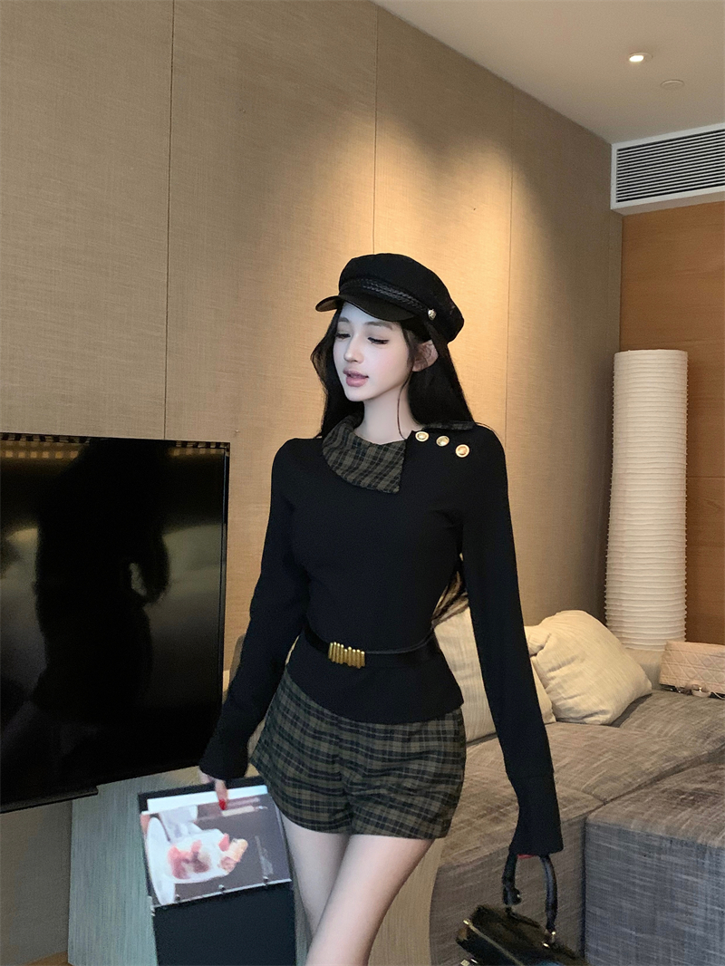 BY37209# 格子拼接假两件长袖针织衫上衣女复古显瘦休闲格纹短裤套装 服裝批發女裝批發服飾貨源