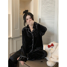 批发实拍  漫天星河金丝绒长袖<b class='q'>睡衣</b>女镶钻黑色高级感家居服套装