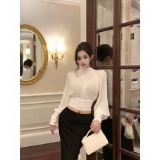 批发<b class='q'>实拍</b> 玛格丽特 立领宽松短款褶皱衬衫高腰修身包臀裙套装