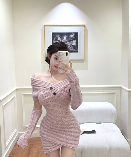 실사 순수한 욕망 바람 오프숄더 V넥 니트 스웨터 여성 드레스 가을 겨울철 핫걸 몸매 가꾸기 타이트 스커트 짧은 치마