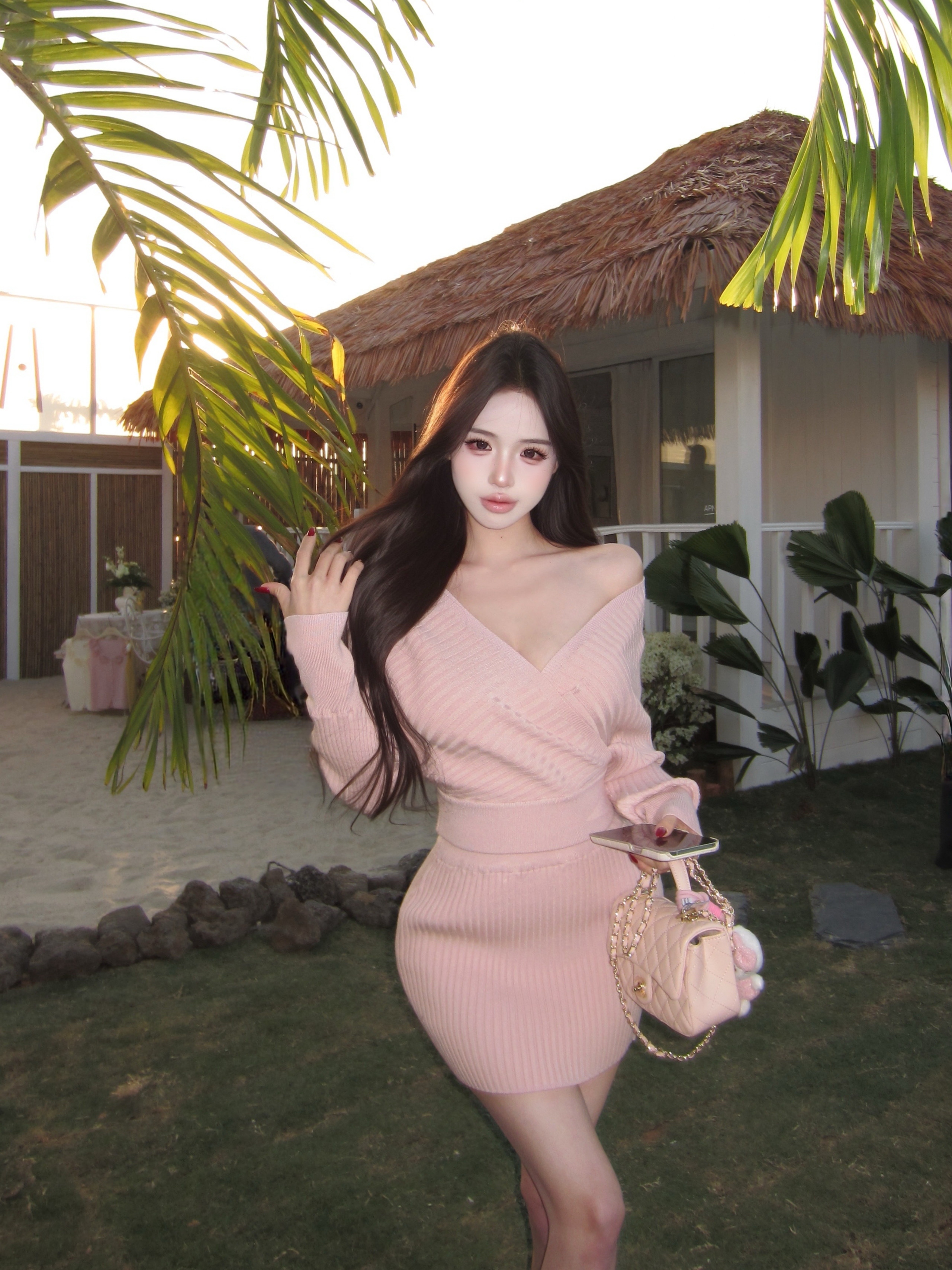 실사 Jiao 달콤함 나코 한 센스 V넥 오프숄더 긴팔 니트 맨위 타이트 스커트 반 스커트 세트