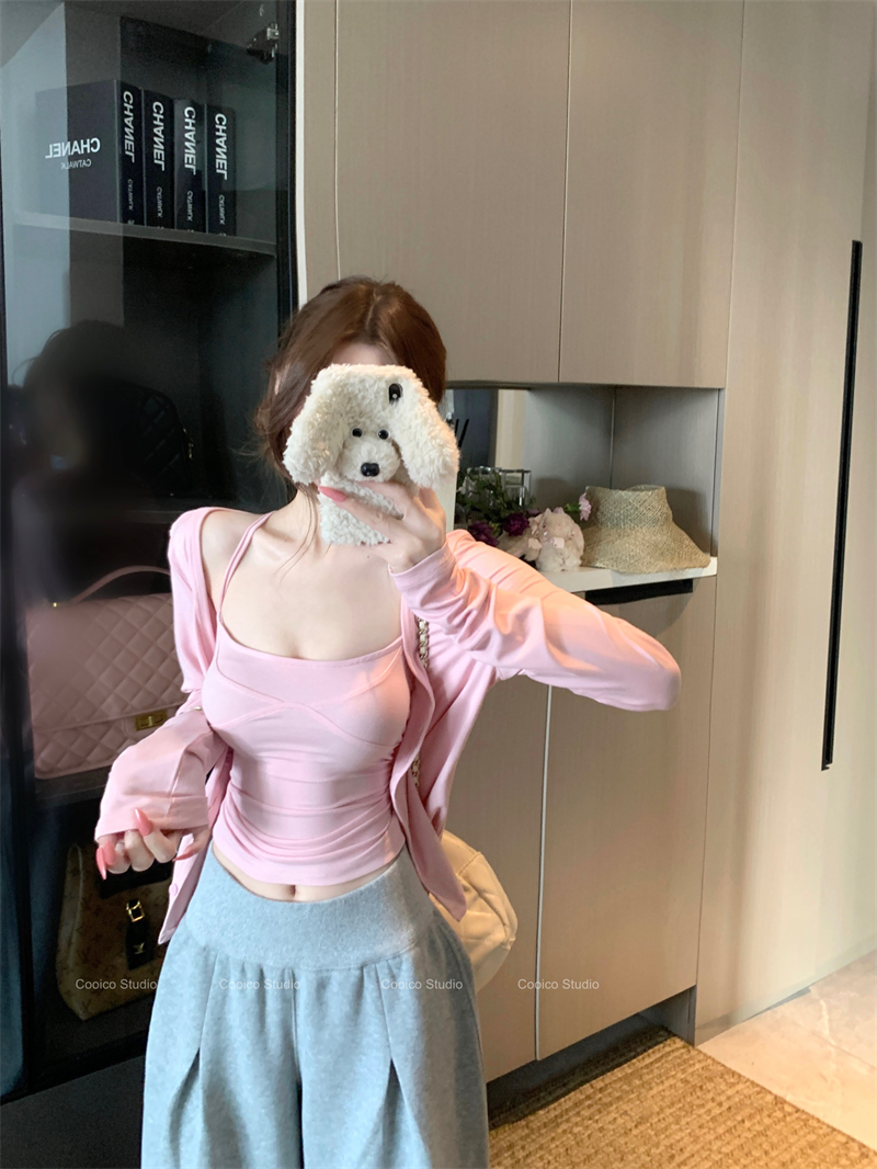 실사 열파 방콕 기타 색상 단어 조끼 몸매 가꾸기 슬립 싱글 줄 버튼 오픈 가디건 투피스 세트