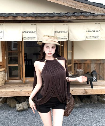 실사 프랑스식 좋은 플래시 행침 목 캐미솔 여름 핫걸 품격 디자인 센스 망토 민소매 맨위