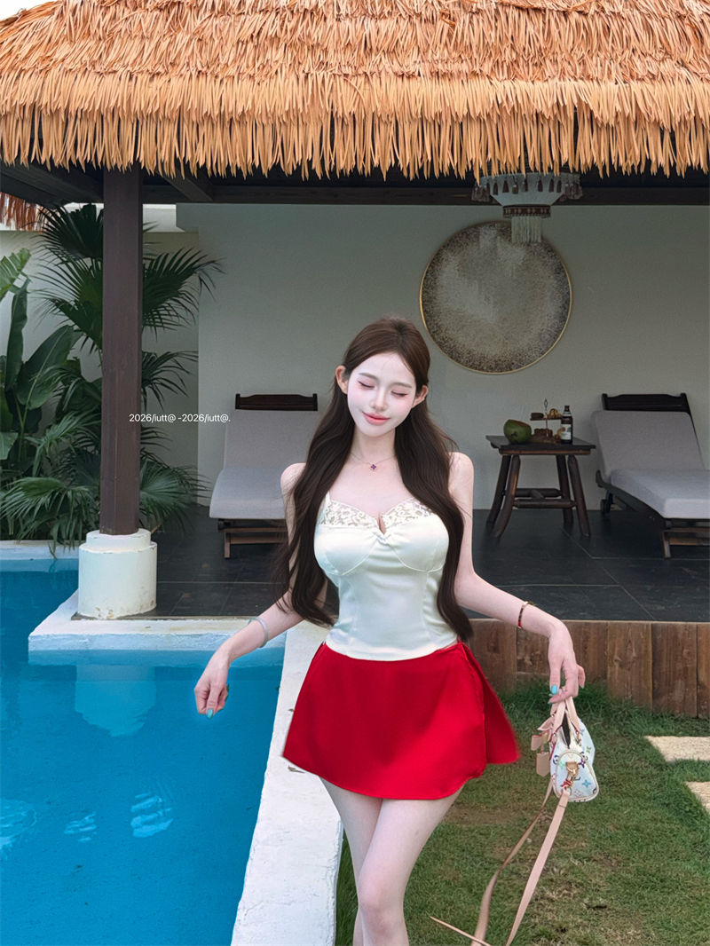 실사 고양이 부서 아름다움 레이스 구슬 빛 새틴 섹시함 캐미솔 봄 여름 허리 수축 맨위