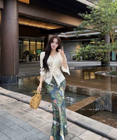 실사 십자가 비틀림 고급 질감 센스 아세트산 맨위 여성 유화 예술 프린트 반신 스커트 롱 스커트 세트