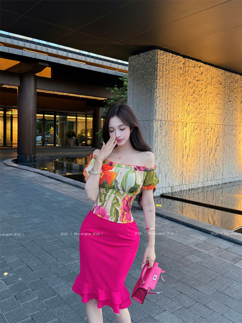 실사 시실리 정원 프랑스식 순수한 욕망 오프숄더 꽃무늬 반팔 여성 셔츠 여름 섹시함 맨위