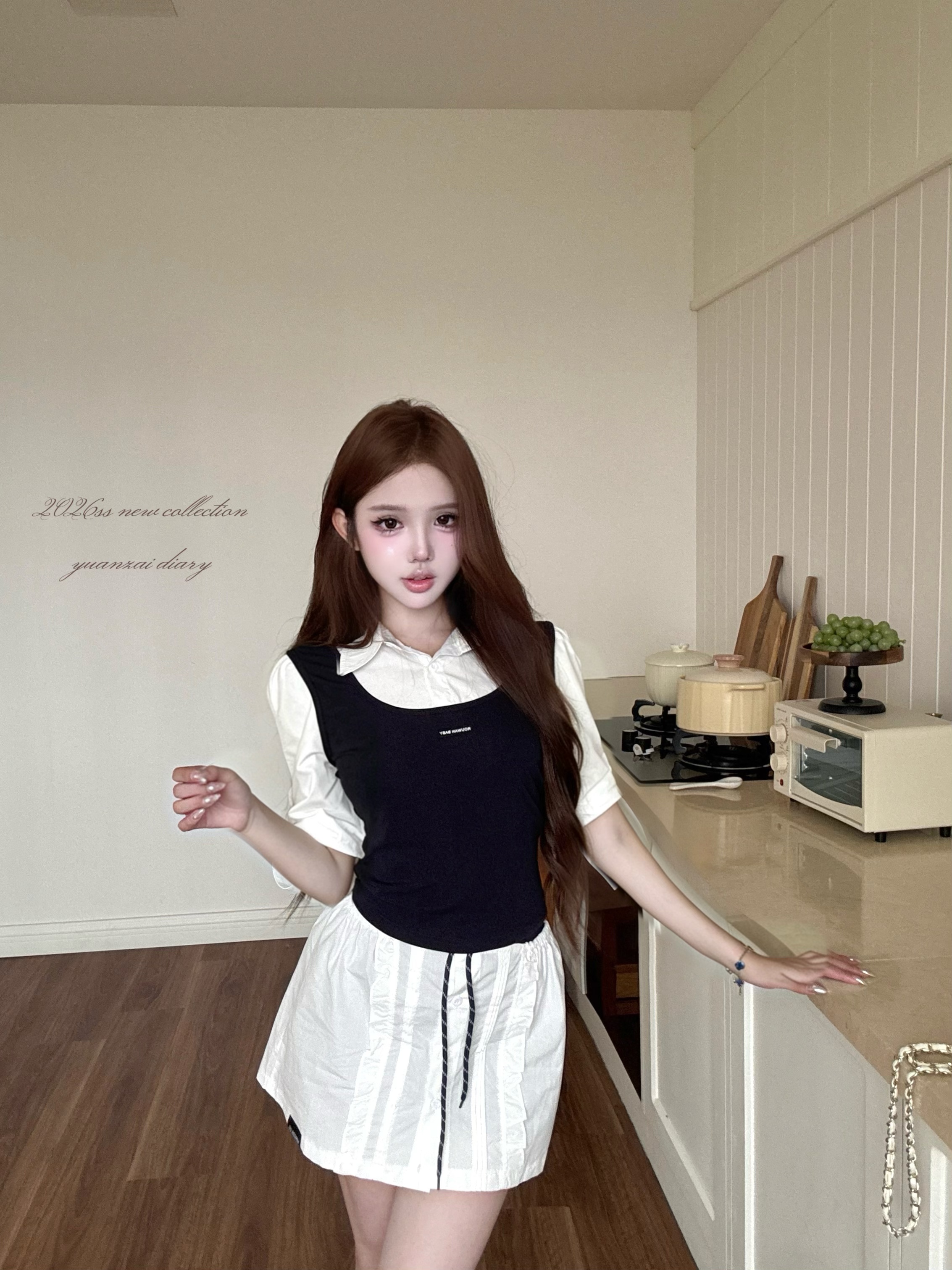 실사 여름 손 확인 학원 스타일 jk 유니폼 세트 여성 여름 페이크 레이어드 니트 티셔츠 반신 스커트