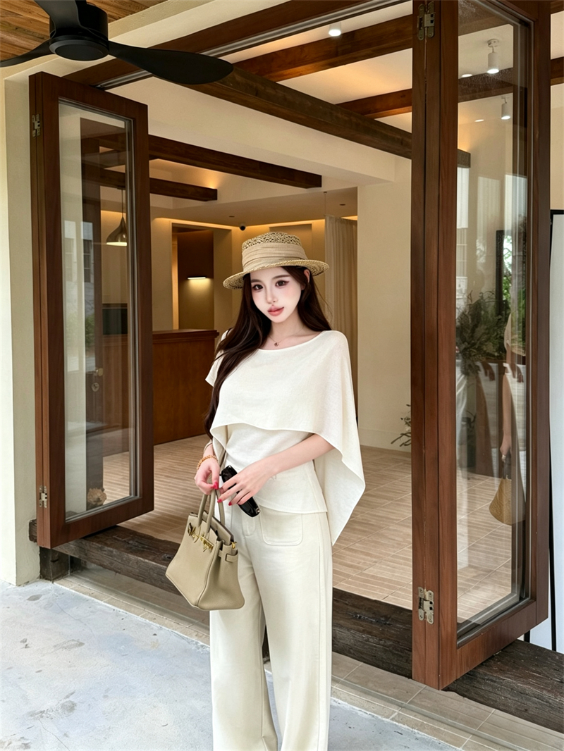 실사 아름다움 여단 품격 망토 페이크 레이어드 반팔 여름 캐주얼 맨위 여성 하이웨이스트 슬림해 보이는 넓은 다리 세트