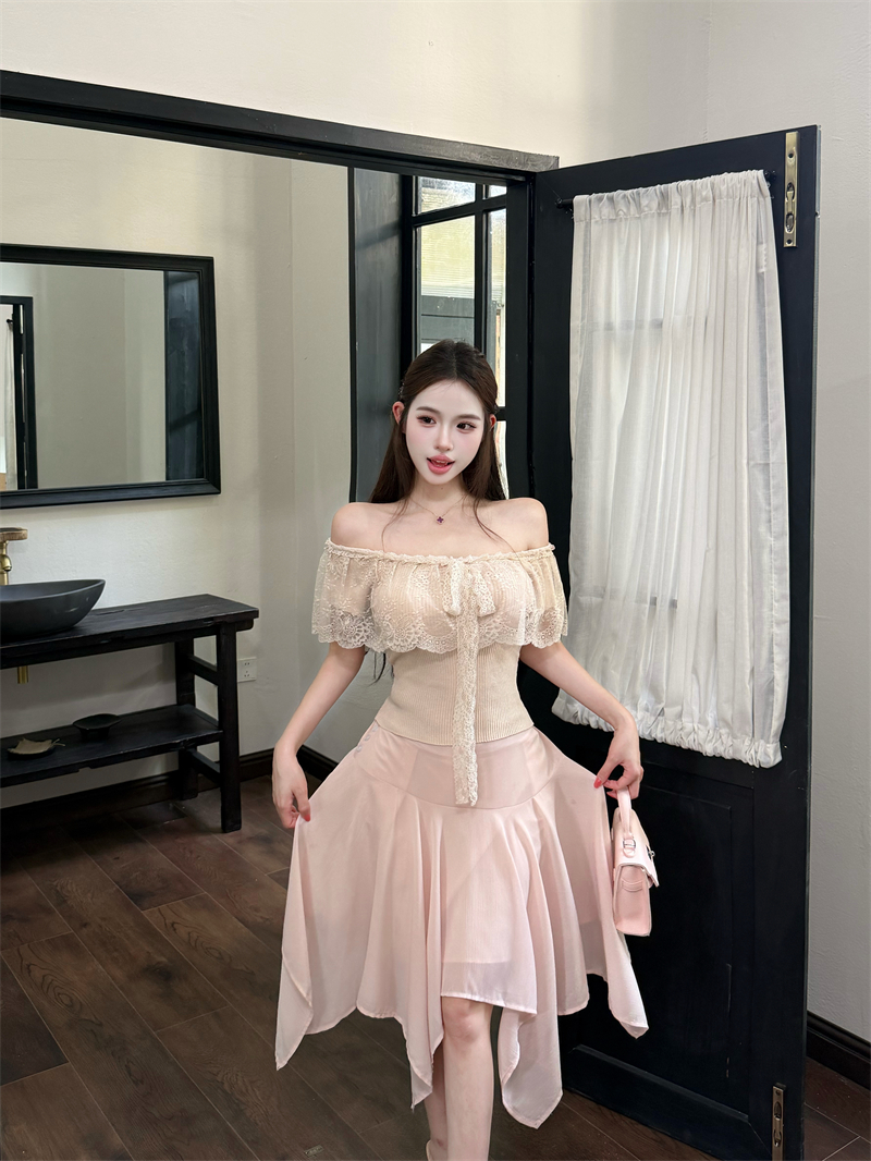 실사 프랑스식 프릴 레트로 스타일 레이스 레이스 오프숄더 맨위 여성