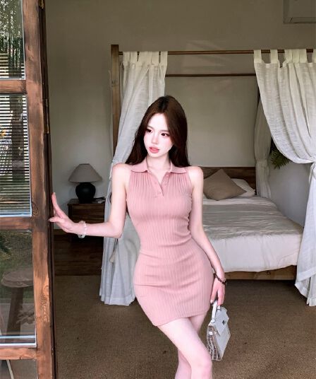실사 딸기 소프트 캔디 핑크색 폴로 칼라 민소매 조끼 여성 드레스 봄 여름 타이트 스커트 천천히 여단 치마