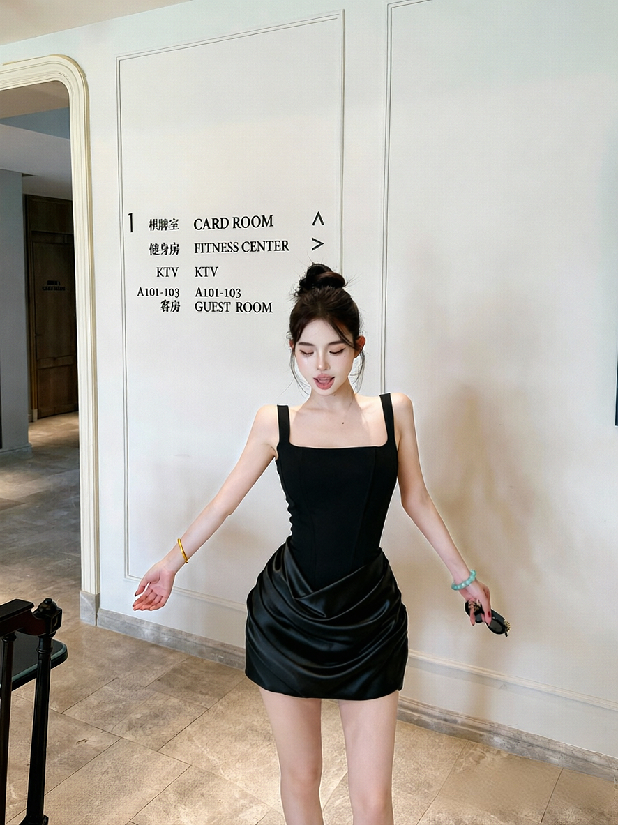 실사 섹시함 핫걸 생선뼈 스트랩 슬립 드레스 품격 명문 여성 허리 수축 치마
