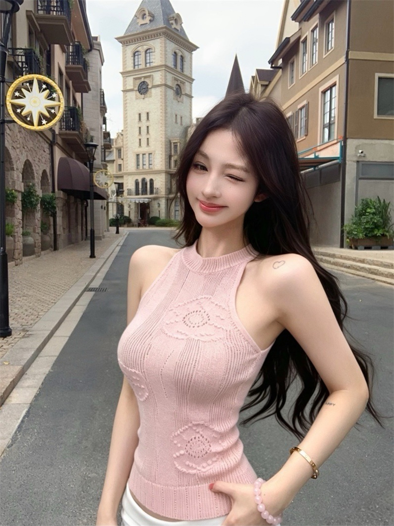 실사 홀로우 아웃 트위스트 꽃 니트 행침 목 조끼 여성 몸매 가꾸기 슬림해 보이는 민소매 맨위 여름