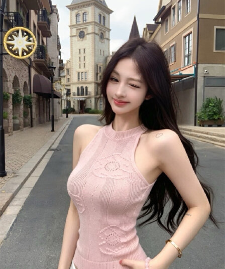 실사 홀로우 아웃 트위스트 꽃 니트 행침 목 조끼 여성 몸매 가꾸기 슬림해 보이는 민소매 맨위 여름