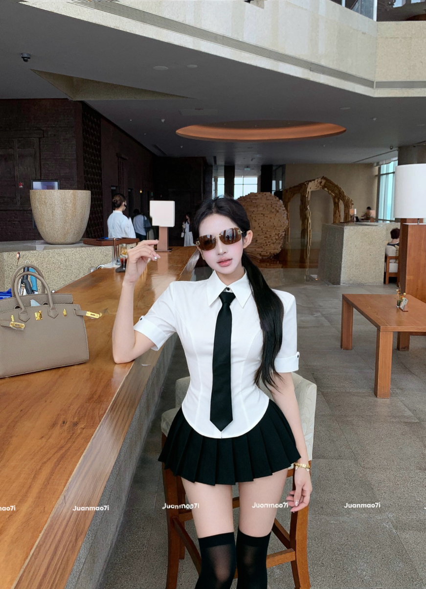 실사 잡담 여성 높음 슬림해 보이는 학원 스타일 여름 여행 반팔 세트