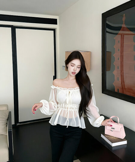 실사 칭 시안 수생 조정 오프숄더 프릴 시폰 셔츠 여성 봄 여름 짧은 맨위