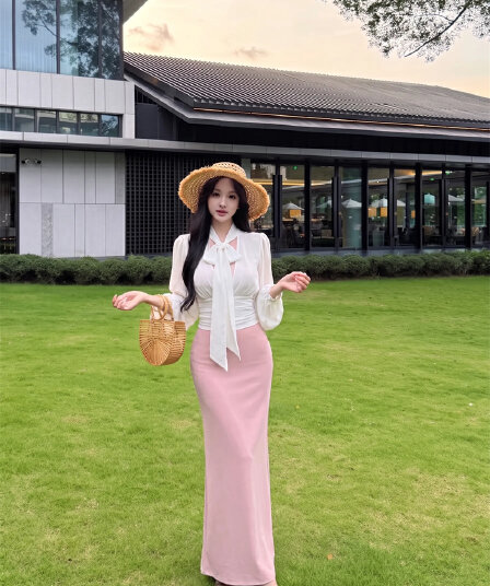 실사 우아함 시적 새로운 프랑스식 부드러운 바람 리본 칼라 셔츠 품격 롱 스커트 세트