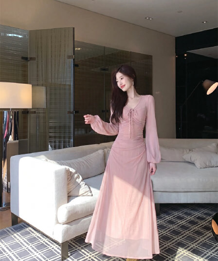 실사 복숭아 비밀 상황 긴팔 여성 드레스 이른 가을 프랑스식 순수한 욕망 몸매 가꾸기 허리 수축 품격 롱 스커트