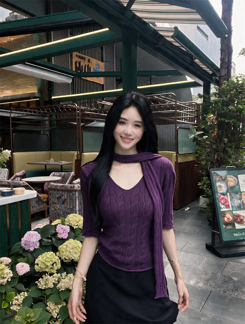 BY32761# 中袖针织t恤女初秋新款修身复古上衣配围巾 服裝批發女裝批發服飾貨源