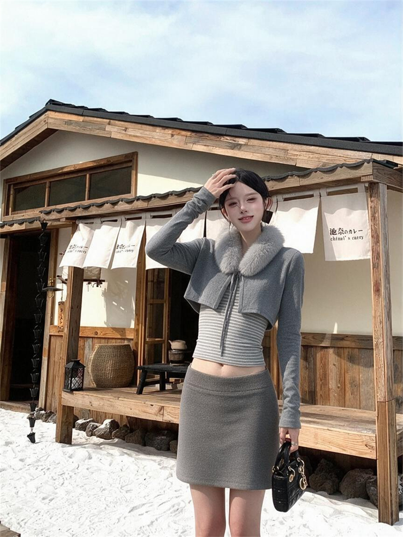 BY37207# 毛毛领短款绑带开衫女冬季条纹修身内搭吊带两件套装 服裝批發女裝批發服飾貨源