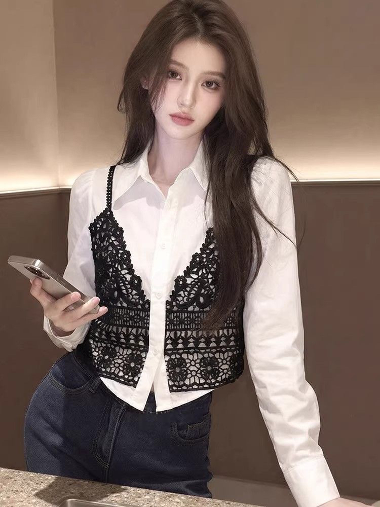 한국 스타일 레이스 조각 페이크 레이어드 긴팔 여성 셔츠 2026 봄 새로운 고급 화이트 루즈핏 슬림해 보이는 맨위