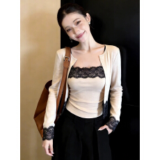 批发杏色蕾丝拼接<b class='q'>开衫</b>吊带两件套T恤女2026春季法式性感洋气轻熟上衣
