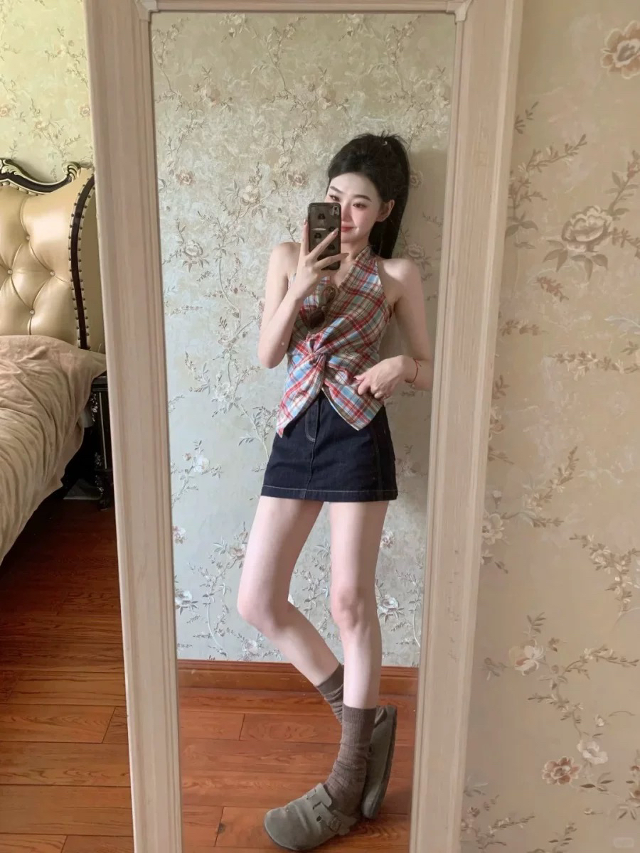 아메리칸 레트로 핫걸 바람 착용 가져 가라. 체크무늬 행침 목 조끼 여성 여름 새로운 하이웨이스트 데님 미니 스커트 두 조각 여성 세트