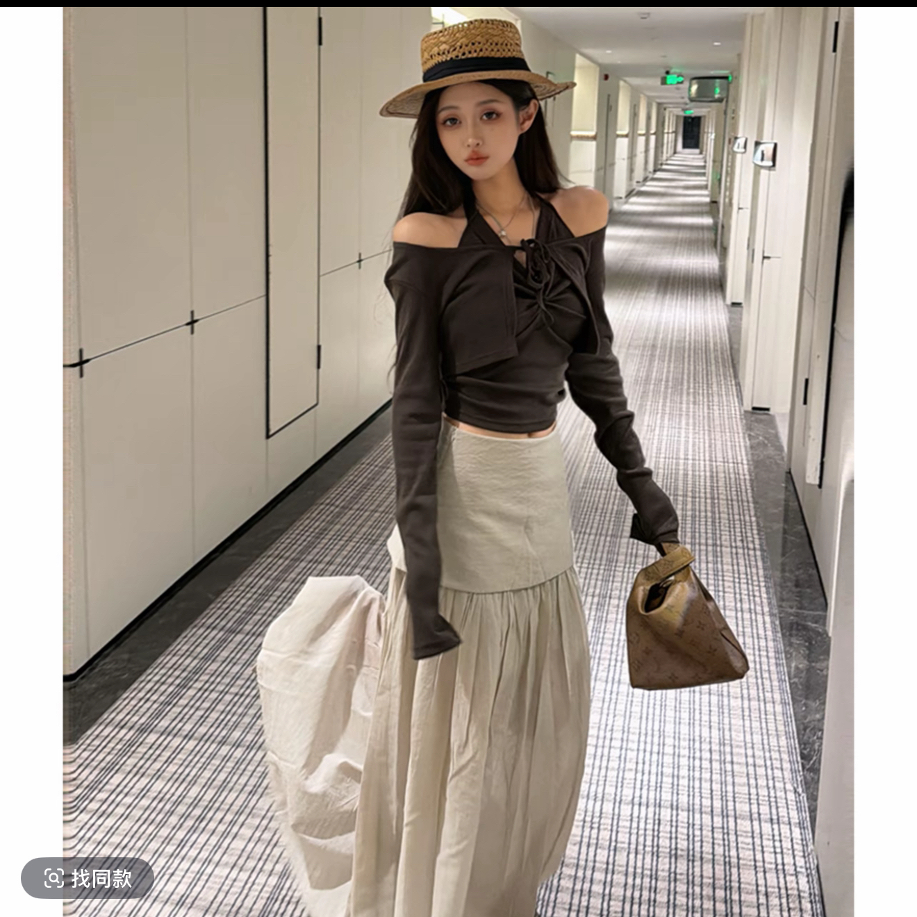 21degrees 깊은 커피 색상 행침 목 오픈 가디건 투피스 세트 얕은 카키 방귀 커튼 큰 진자 롱 코트 반신 스커트