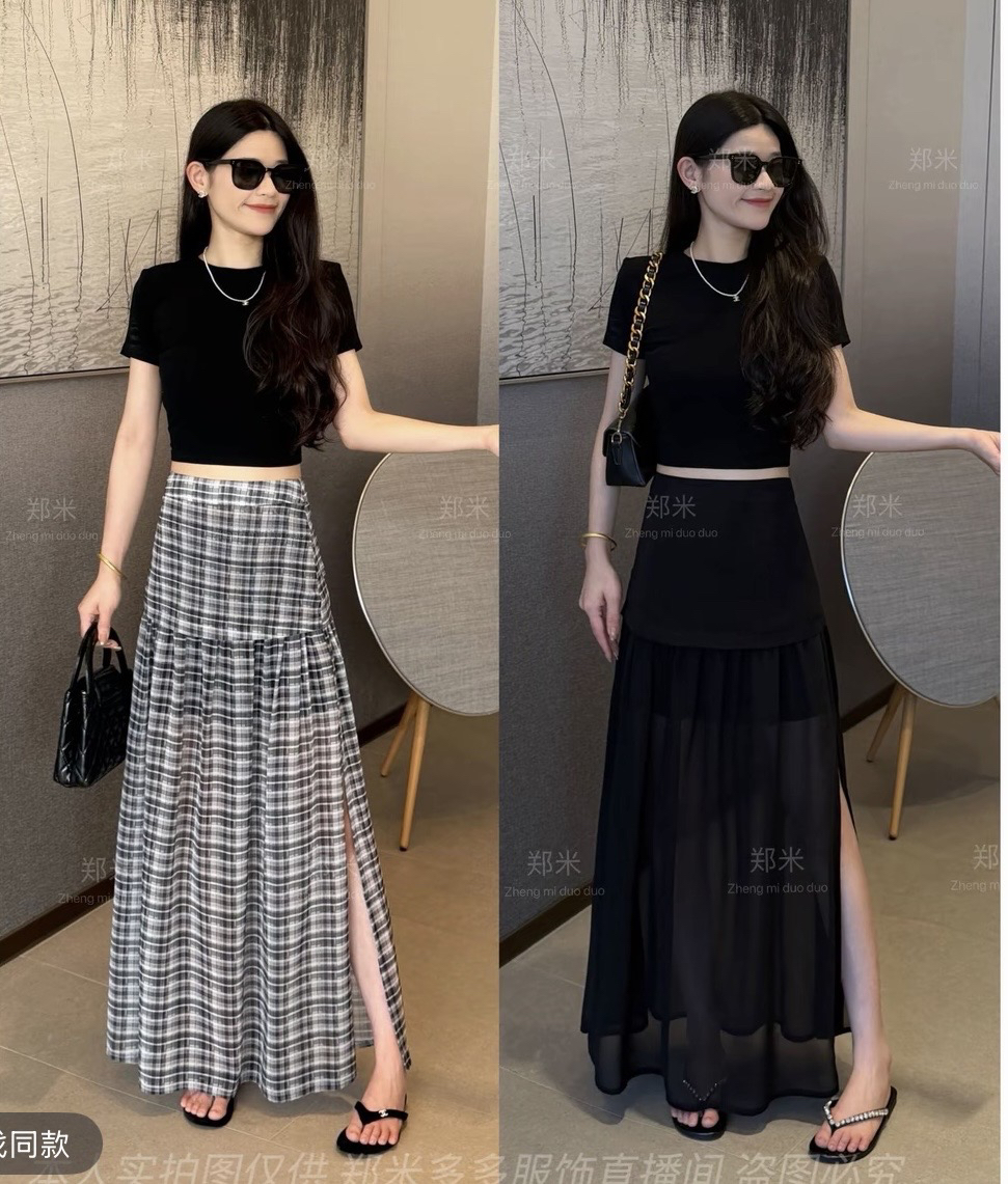 여름 ootd 착용 가져 가라. 세트 여성 2026 새로운 한국 스타일 백리스 티셔츠 체크무늬 트임 반신 스커트 투피스 세트