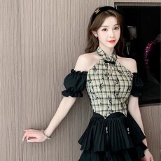 批发新中式纯欲风露肩蝴蝶印花格子拼接短袖<b class='q'>雪纺衫</b>衬衫女辣妹短款上衣