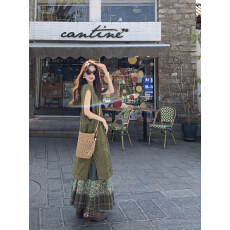 批发kumikumi复古套装女叠穿镂空针织连衣裙夏季高腰A字半身裙两件套