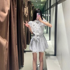 批发喵喵没烦恼学院拼接撞色条纹衬衫连衣裙夏季<b class='q'>新款</b>宽松休闲蝴蝶结系