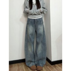 批发复古直筒牛仔裤女秋季新款设计感<b class='q'>高腰</b>宽松显瘦弯刀阔腿拖地<b class='q'>长裤</b>潮