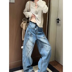 批发美式大码辣妹设计感错位拼接口袋牛仔裤子女复古水洗廊形弯刀长裤