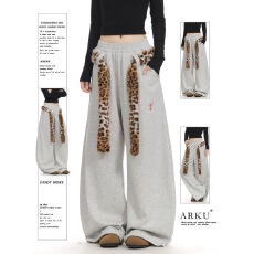 批发ARKU美式豹纹腰带灰色弯刀卫裤女宽松慵懒辣妹显瘦加绒阔腿休闲裤