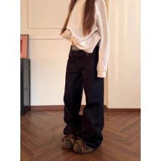 批发大码美式复古设计感拼接腰头直筒<b class='q'>牛仔裤</b>女秋冬新款丹宁原色休闲裤