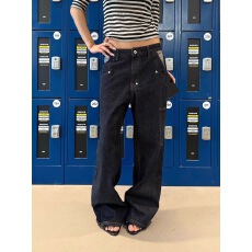 批发大码美式复古高街撞色明线原黑<b class='q'>牛仔裤</b>女设计感高腰直筒显瘦长裤子