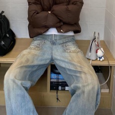 批发美式大码设计感小众刺绣<b class='q'>牛仔裤</b>子男女辣妹做旧泥染反转口袋拖地裤